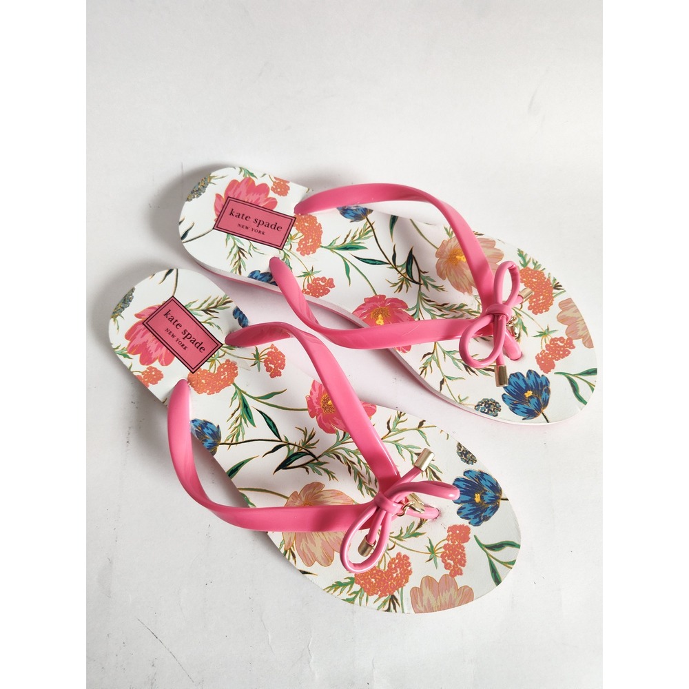 New Kate Spade Flip Flop Sandals 7 Nova Pink Floral Bow Spade Charm Summer Beach